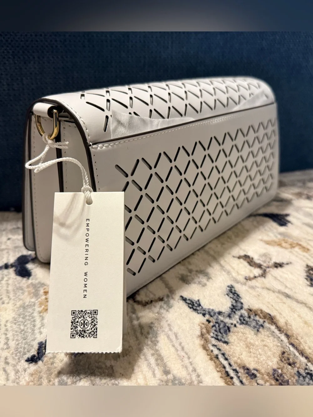 Tory Burch White Laser-Cut Leather Crossbody with Gold Hardware